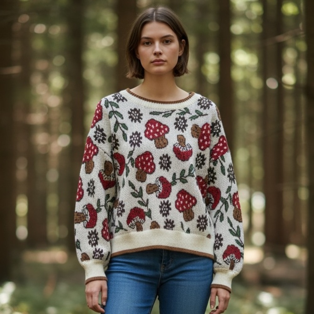 Cream Sweater with Red Mushroom & Brown Accents